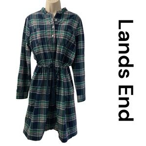 Lands End Cotton Plaid Drawstring Shirt Dress Size 10